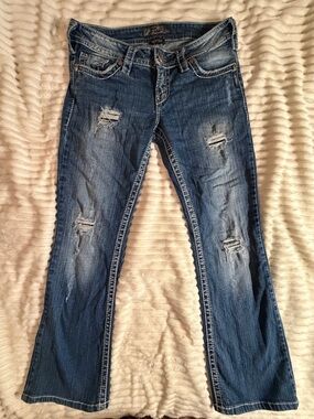 Silver Pioneer Distressed Dark Blue Flared Jeans